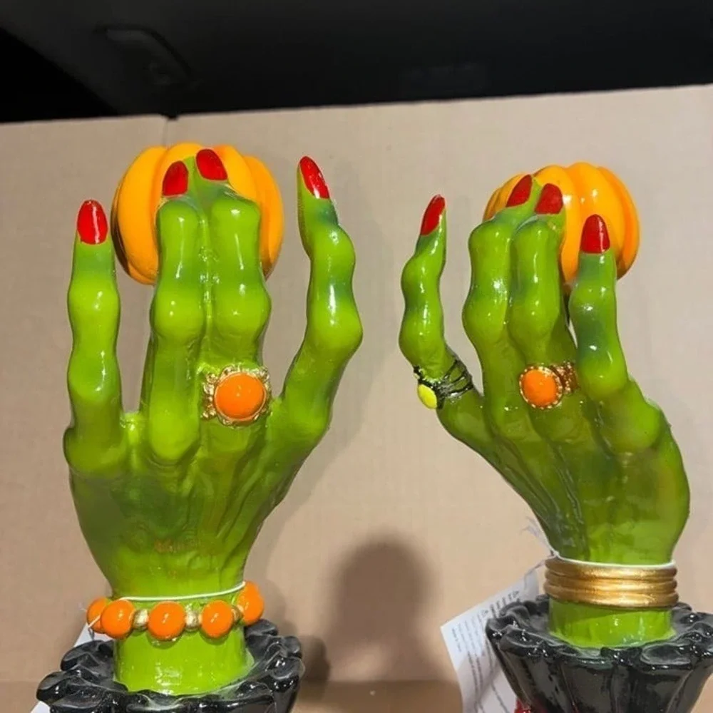 Set of 2 Green Witch Hand Pumpkin Candlestick Holders NWT